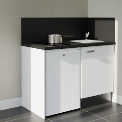 Kitchenette 120 cm blanche K08L-PT, crédence et plan de travail stratifié noir, plaque de cuisson et frigo blanc