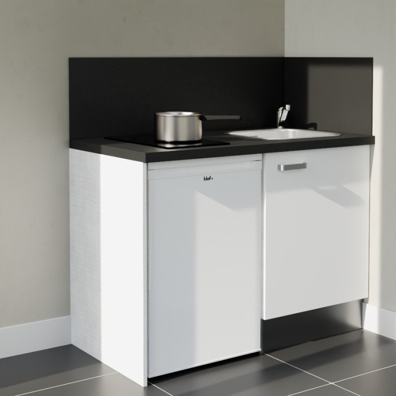 Kitchenette 120 cm blanche K08L-PT, crédence et plan de travail stratifié noir, plaque de cuisson et frigo blanc Kitchenette 120 cm blanche K08L-PT, crédence et plan de travail stratifié noir, plaque de cuisson et frigo blanc