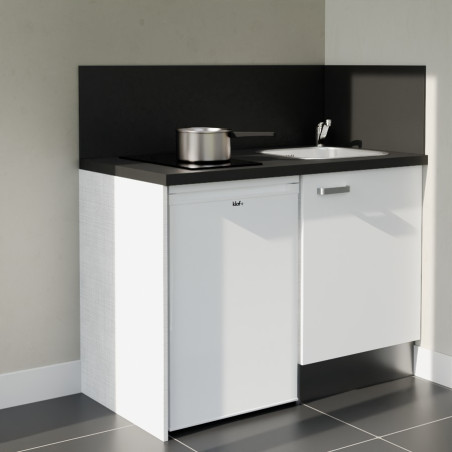 Kitchenette 120 cm blanche K08L-PT, crédence et plan de travail stratifié noir, plaque de cuisson et frigo blanc