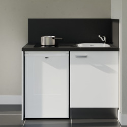 Kitchenette 120 cm blanche K08L-PT, crédence et plan de travail stratifié noir, plaque de cuisson et frigo blanc