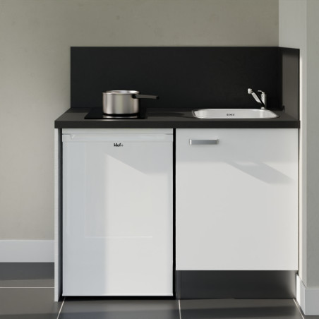 Kitchenette 120 cm blanche K08L-PT, crédence et plan de travail stratifié noir, plaque de cuisson et frigo blanc