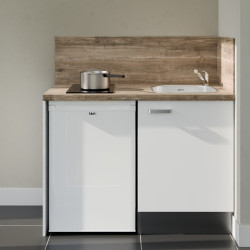 Kitchenette 120 cm blanche K08L-PT, crédence et plan de travail stratifié bois, plaque de cuisson et frigo blanc