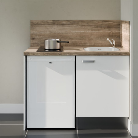 Kitchenette 120 cm blanche K08L-PT, crédence et plan de travail stratifié bois, plaque de cuisson et frigo blanc