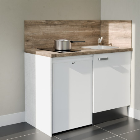 Kitchenette 120 cm blanche K08L-PT, crédence et plan de travail stratifié bois, plaque de cuisson et frigo blanc