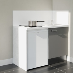Kitchenette 120 cm grise K08L-PT, crédence et plan de travail stratifié blanche, plaque de cuisson et frigo blanc