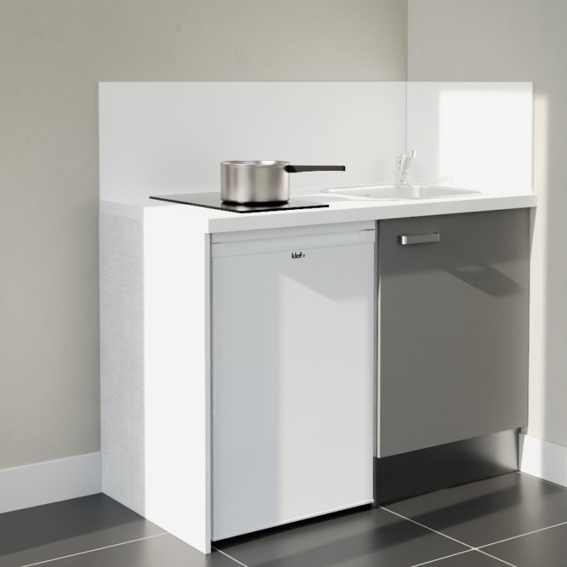 Kitchenette 120 cm grise K08L-PT, crédence et plan de travail stratifié blanche, plaque de cuisson et frigo blanc Kitchenette 120 cm grise K08L-PT, crédence et plan de travail stratifié blanche, plaque de cuisson et frigo blanc