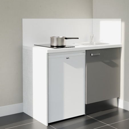Kitchenette 120 cm grise K08L-PT, crédence et plan de travail stratifié blanche, plaque de cuisson et frigo blanc