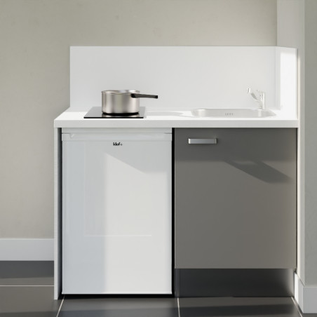 Kitchenette 120 cm grise K08L-PT, crédence et plan de travail stratifié blanche, plaque de cuisson et frigo blanc