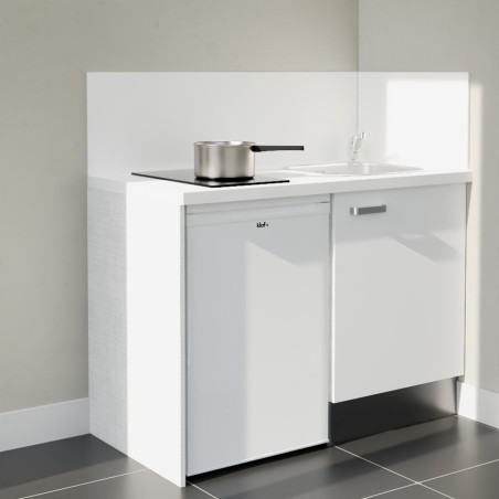 Kitchenette 120 cm blanche K08L-PT, crédence et plan de travail stratifié blanc, plaque de cuisson et frigo blanc