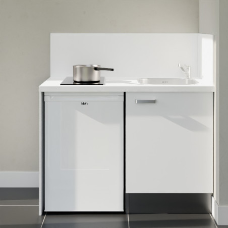 Kitchenette 120 cm blanche K08L-PT, crédence et plan de travail stratifié blanc, plaque de cuisson et frigo blanc