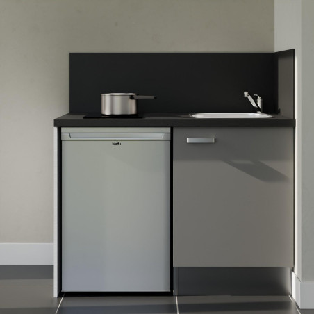 Kitchenette 120 cm grise K08L-PT, crédence et plan de travail stratifié noir, plaque de cuisson et frigo inox