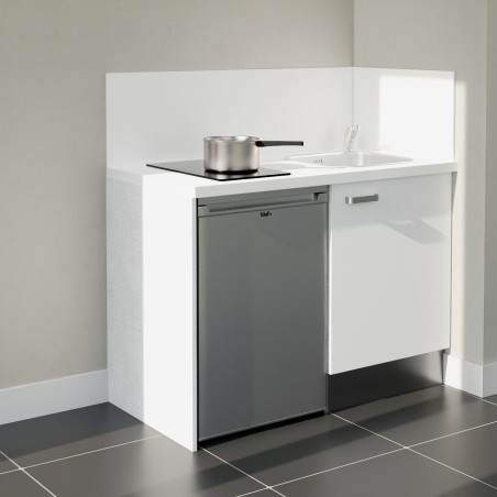 Kitchenette 120 cm blanche K08L-PT, crédence et plan de travail stratifié blanc, plaque de cuisson et frigo inox