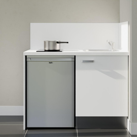 Kitchenette 120 cm blanche K08L-PT, crédence et plan de travail stratifié blanc, plaque de cuisson et frigo inox
