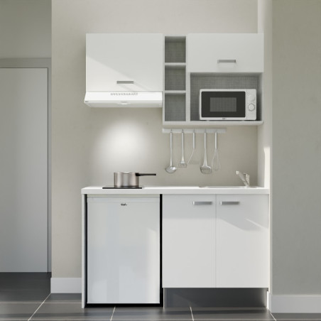 Kitchenette 140 cm grise K13L-PT, plan de travail stratifié blanc, plaque de cuisson, frigo et micro-ondes blanc