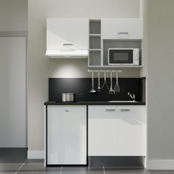 Kitchenette 140 cm blanche K13L-PT, crédence et plan de travail stratifié noir, plaque de cuisson, frigo et micro-ondes blanc