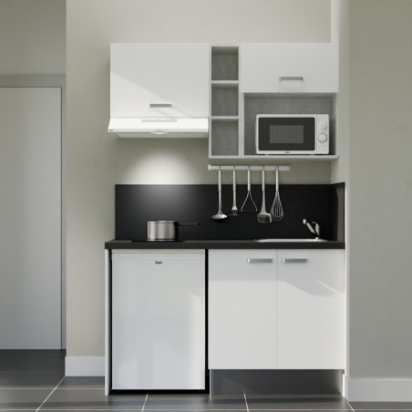 Kitchenette 140 cm blanche K13L-PT, crédence et plan de travail stratifié noir, plaque de cuisson, frigo et micro-ondes blanc