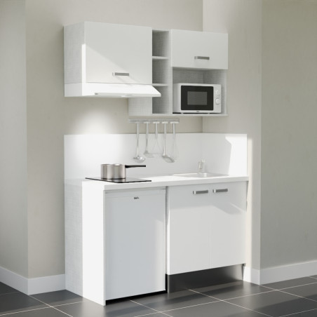 Kitchenette 140 cm blanche K13L-PT, crédence et plan de travail stratifié blanc, plaque de cuisson, frigo et micro-ondes blanc
