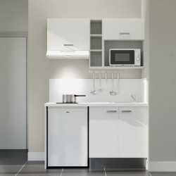 Kitchenette 140 cm blanche K13L-PT, crédence et plan de travail stratifié blanc, plaque de cuisson, frigo et micro-ondes blanc