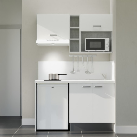 Kitchenette 140 cm blanche K13L-PT, crédence et plan de travail stratifié blanc, plaque de cuisson, frigo et micro-ondes blanc
