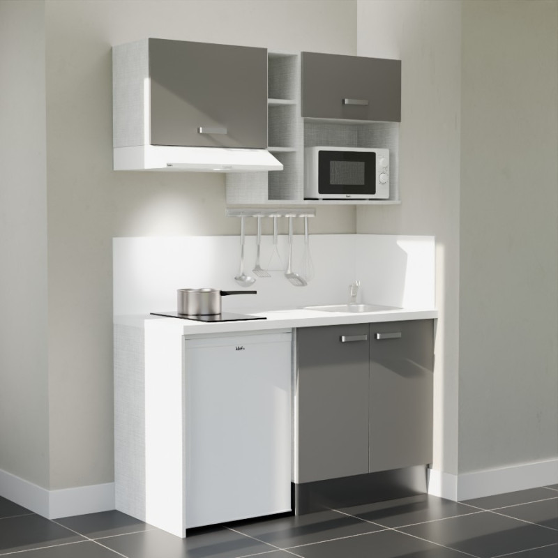 Kitchenette 140 cm grise K13L-PT, crédence et plan de travail stratifié blanc, plaque de cuisson, frigo et micro-ondes blanc Kitchenette 140 cm grise K13L-PT, crédence et plan de travail stratifié blanc, plaque de cuisson, frigo et micro-ondes blanc