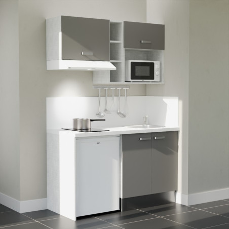Kitchenette 140 cm grise K13L-PT, crédence et plan de travail stratifié blanc, plaque de cuisson, frigo et micro-ondes blanc