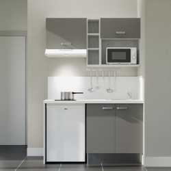 Kitchenette 140 cm grise K13L-PT, crédence et plan de travail stratifié blanc, plaque de cuisson, frigo et micro-ondes blanc