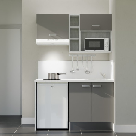 Kitchenette 140 cm grise K13L-PT, crédence et plan de travail stratifié blanc, plaque de cuisson, frigo et micro-ondes blanc