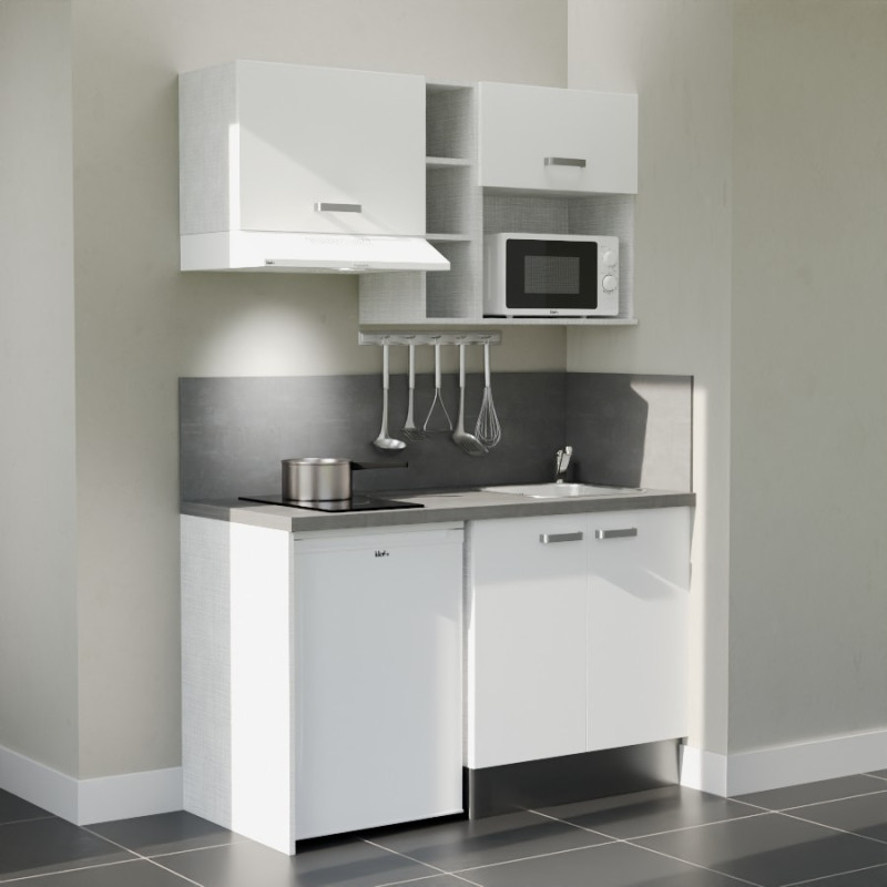 Kitchenette 140 cm blanche K13L-PT, crédence et plan de travail stratifié gris, plaque de cuisson, frigo et micro-ondes blanc Kitchenette 140 cm blanche K13L-PT, crédence et plan de travail stratifié gris, plaque de cuisson, frigo et micro-ondes blanc