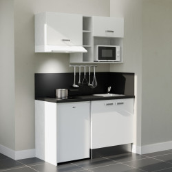 Kitchenette 140 cm blanche K13L-PT, crédence et plan de travail stratifié noir, plaque de cuisson, frigo et micro-ondes blanc