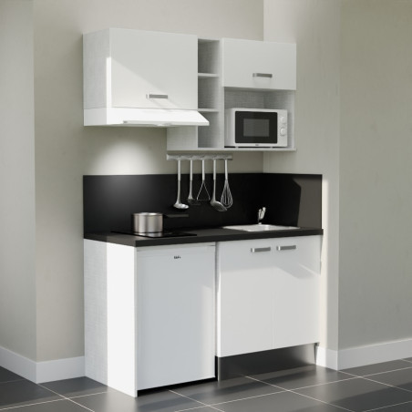 Kitchenette 140 cm blanche K13L-PT, crédence et plan de travail stratifié noir, plaque de cuisson, frigo et micro-ondes blanc