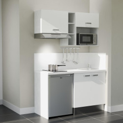 Kitchenette 140 cm blanche K13L-PT, crédence et plan de travail stratifié blanc, plaque de cuisson, frigo et micro-ondes inox