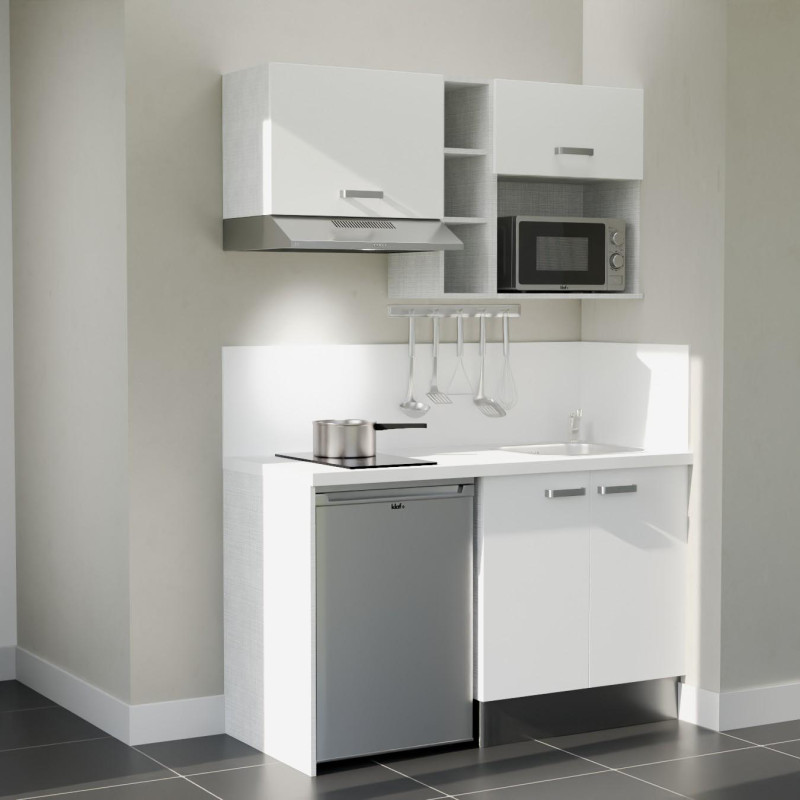 Kitchenette 140 cm blanche K13L-PT, crédence et plan de travail stratifié blanc, plaque de cuisson, frigo et micro-ondes inox Kitchenette 140 cm blanche K13L-PT, crédence et plan de travail stratifié blanc, plaque de cuisson, frigo et micro-ondes inox