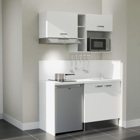 Kitchenette 140 cm blanche K13L-PT, crédence et plan de travail stratifié blanc, plaque de cuisson, frigo et micro-ondes inox