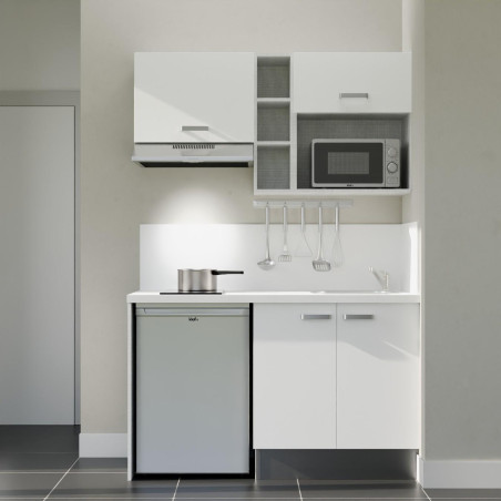 Kitchenette 140 cm blanche K13L-PT, crédence et plan de travail stratifié blanc, plaque de cuisson, frigo et micro-ondes inox
