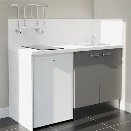 Kitchenette 140 cm grise K17L-PT, crédence et plan de travail stratifié blanc, plaque de cuisson et frigo blanc