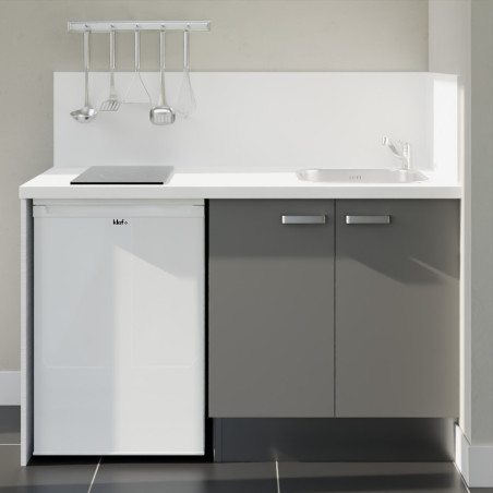 Kitchenette 140 cm grise K17L-PT, crédence et plan de travail stratifié blanc, plaque de cuisson et frigo blanc