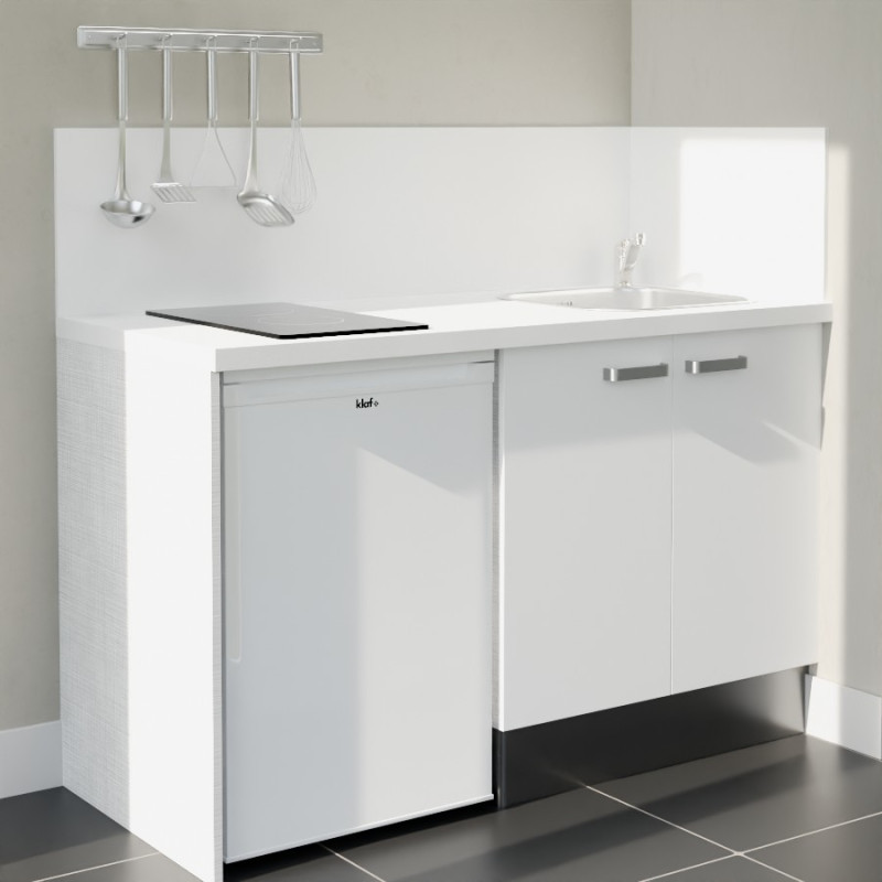 Kitchenette 140 cm blanche K17L-PT, crédence et plan de travail stratifié blanc, plaque de cuisson et frigo blanc Kitchenette 140 cm blanche K17L-PT, crédence et plan de travail stratifié blanc, plaque de cuisson et frigo blanc