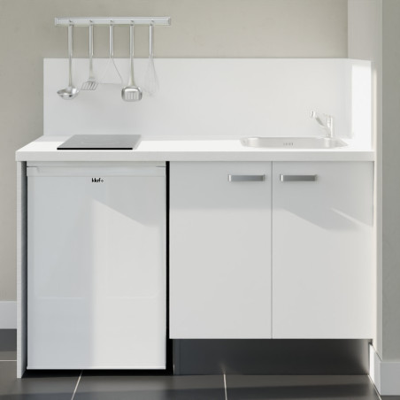 Kitchenette 140 cm blanche K17L-PT, crédence et plan de travail stratifié blanc, plaque de cuisson et frigo blanc
