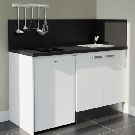 Kitchenette 140 cm blanche K17L-PT, crédence et plan de travail stratifié noir, plaque de cuisson et frigo blanc