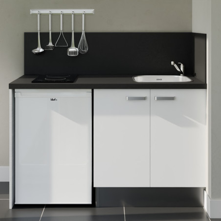 Kitchenette 140 cm blanche K17L-PT, crédence et plan de travail stratifié noir, plaque de cuisson et frigo blanc
