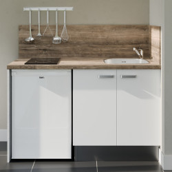 Kitchenette 140 cm blanche K17L-PT, crédence et plan de travail stratifié bois, plaque de cuisson et frigo blanc