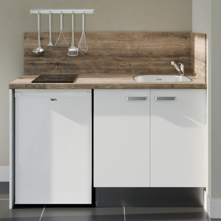 Kitchenette 140 cm blanche K17L-PT, crédence et plan de travail stratifié bois, plaque de cuisson et frigo blanc