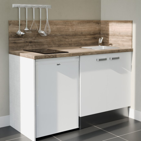 Kitchenette 140 cm blanche K17L-PT, crédence et plan de travail stratifié bois, plaque de cuisson et frigo blanc