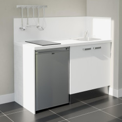 Kitchenette 140 cm blanche K17L-PT, crédence et plan de travail stratifié blanc, plaque de cuisson et frigo inox
