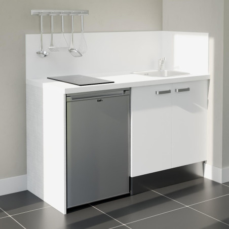 Kitchenette 140 cm blanche K17L-PT, crédence et plan de travail stratifié blanc, plaque de cuisson et frigo inox