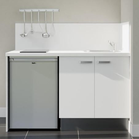 Kitchenette 140 cm blanche K17L-PT, crédence et plan de travail stratifié blanc, plaque de cuisson et frigo inox