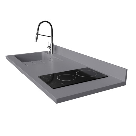 Plan de travail monobloc PlaniQuartz pour cuisine avec évier à gauche gris - 140 cm 