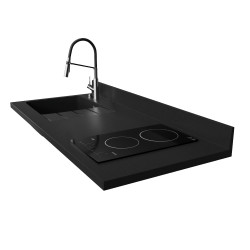Plan de travail monobloc PlaniQuartz pour cuisine avec évier à gauche noir - 140 cm 