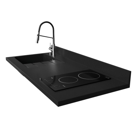 Plan de travail monobloc PlaniQuartz pour cuisine avec évier à gauche noir - 140 cm 