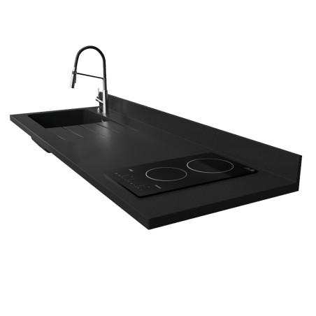 Plan de travail monobloc PlaniQuartz avec évier à gauche noir - 180 cm
